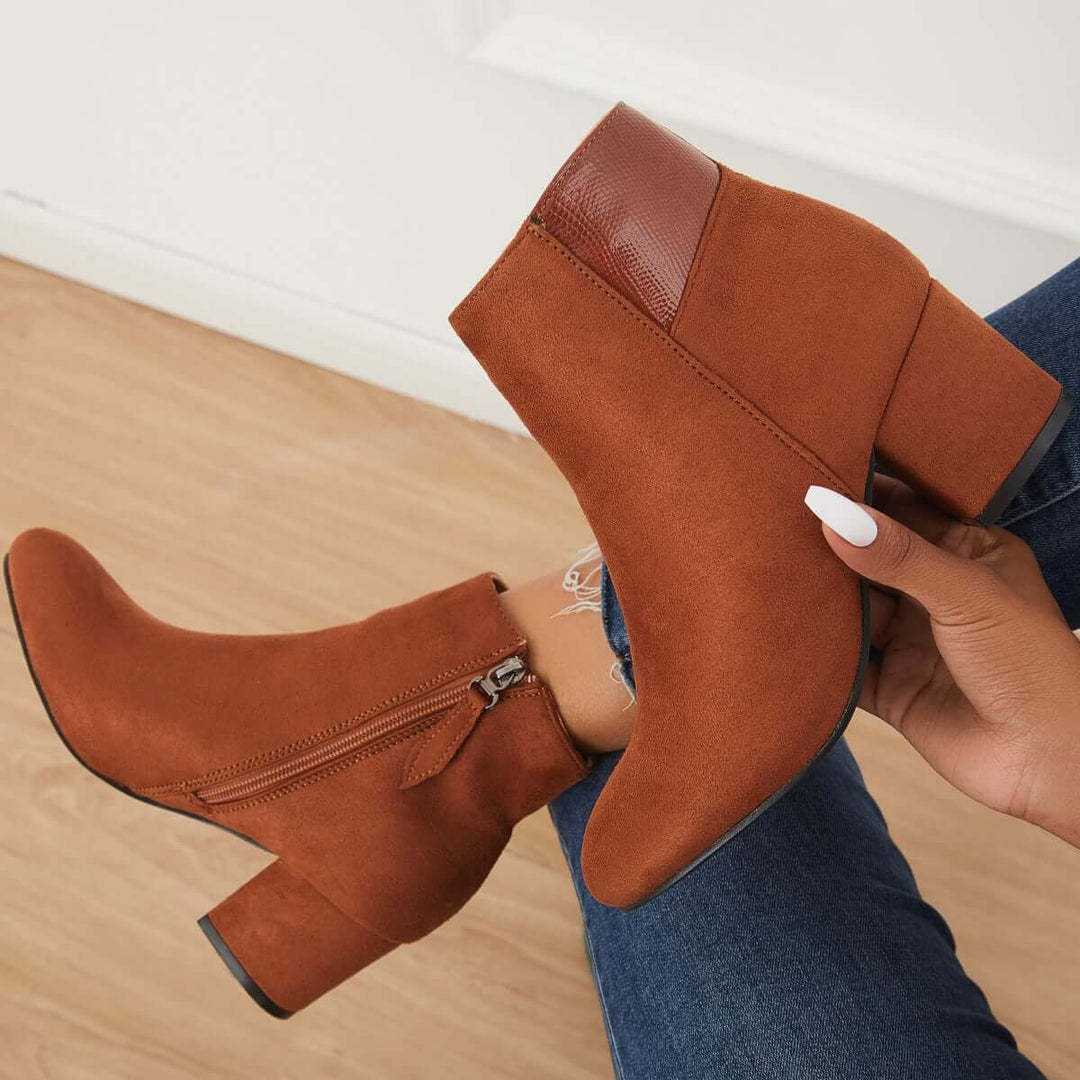 Chunky Block Mid Heel Ankle Boots Side Zipper Booties