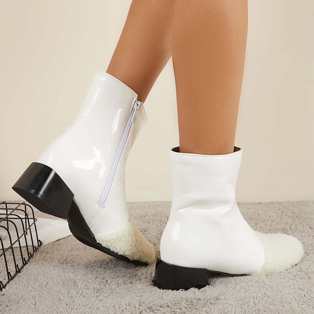 Two Tone Winter Ankle Boots Block Heel Warm Snow Booties