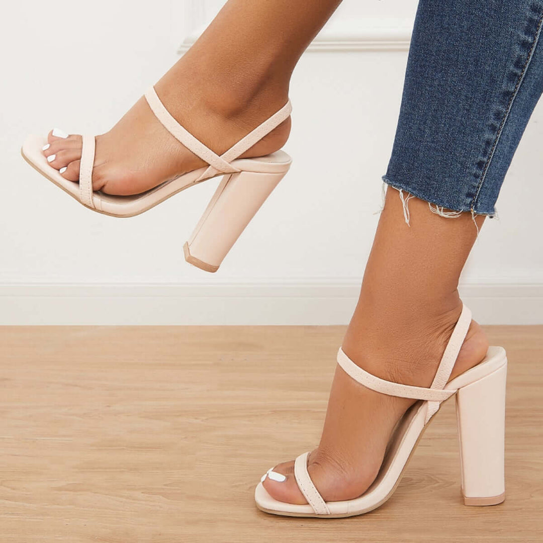 Square Toe Thick Heel Sandals Elastic Straps Chunky High Heels