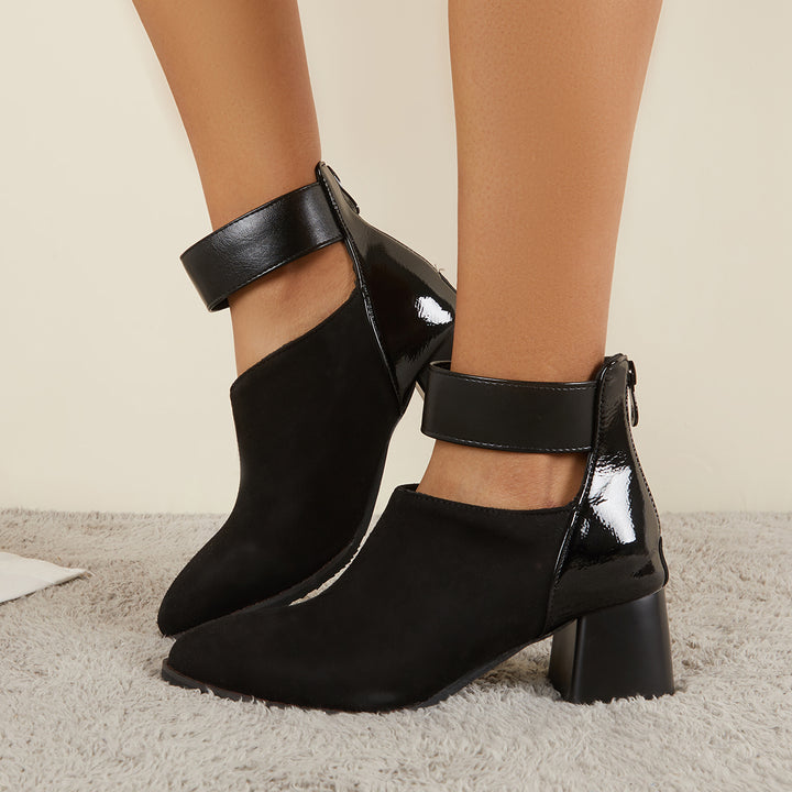 Chunky Block Low Heel Booties Cut out Ankle Strap Boots