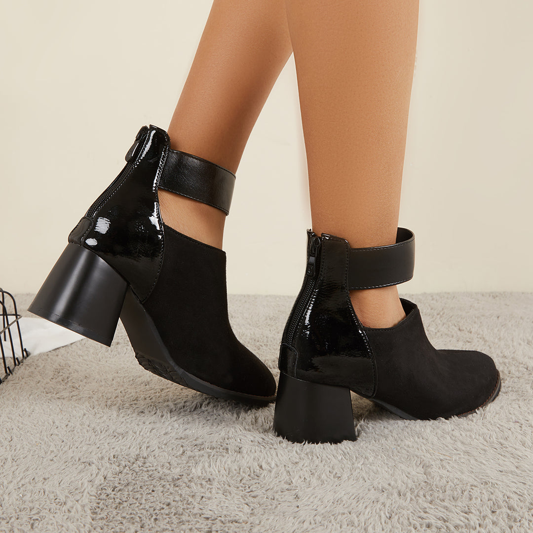 Chunky Block Low Heel Booties Cut out Ankle Strap Boots