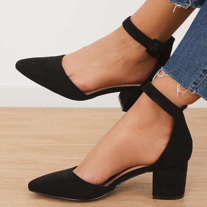 Pointed Toe Ankle Strap Pumps Chunky Block Heel Dress Shoes