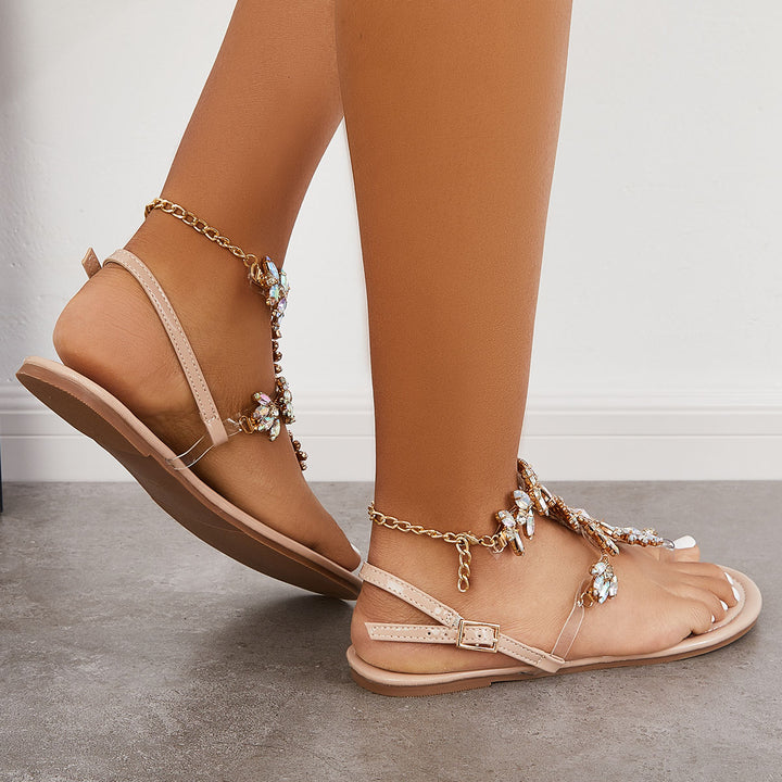 Rhinestone T-Strap Flip Flops Sandals Flat Sandals