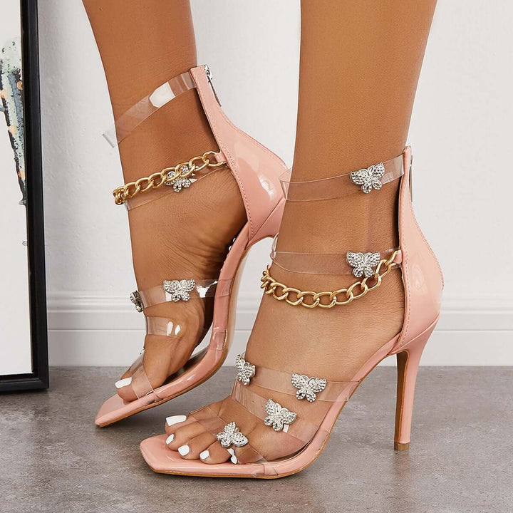 Square Toe Stiletto High Heels Ankle Chain Strap Sandals