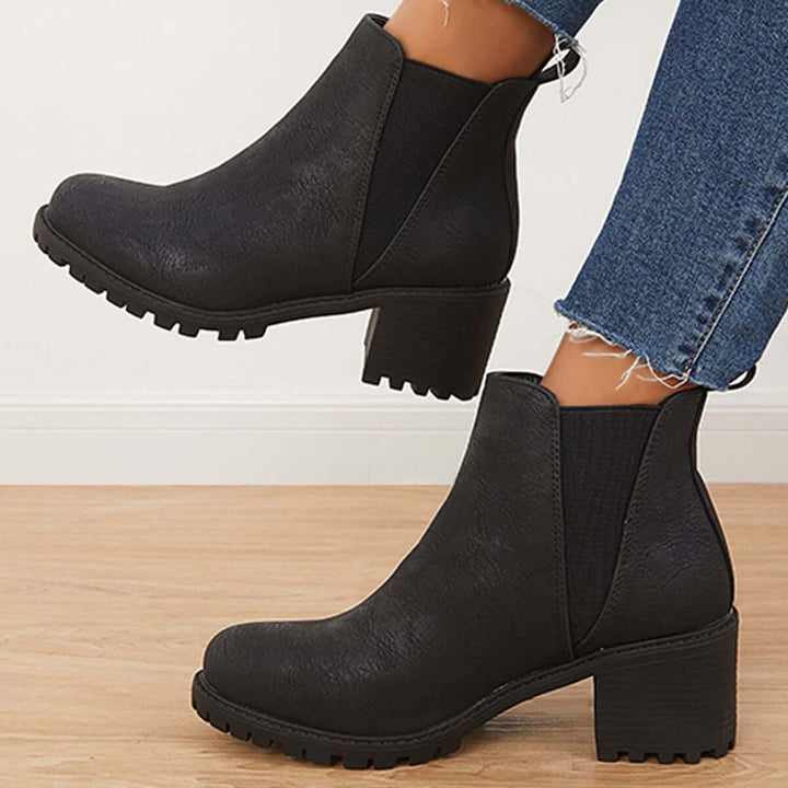 Faux Leather Chelsea Lug Boots Slip-On Chunky Heel Ankle Booties