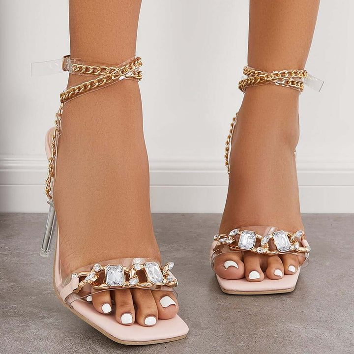 Crystal Chain Strap Stiletto High Heels Dress Sandals