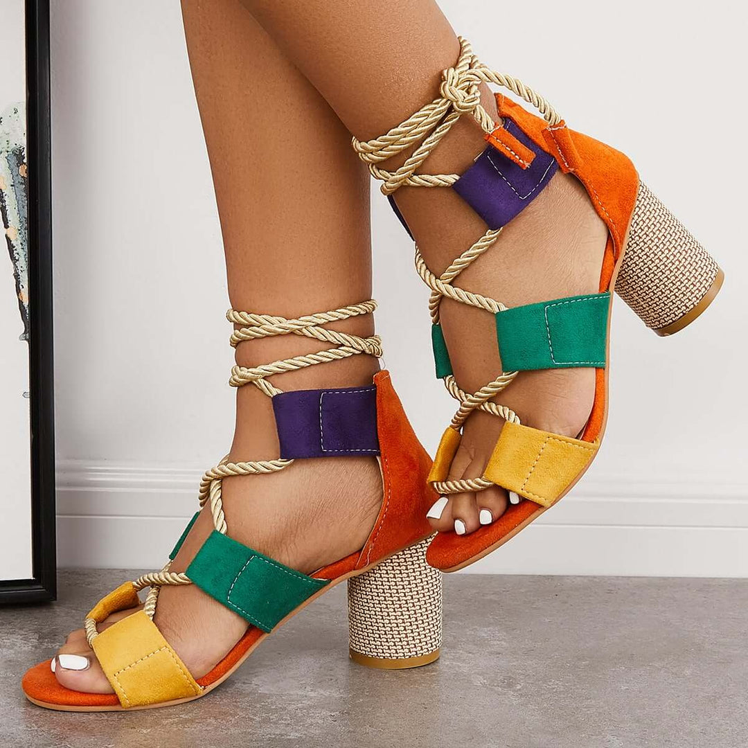 Cutout Ankle Tie Sandals Anke Strap Chunky Heel Strappy Sandals