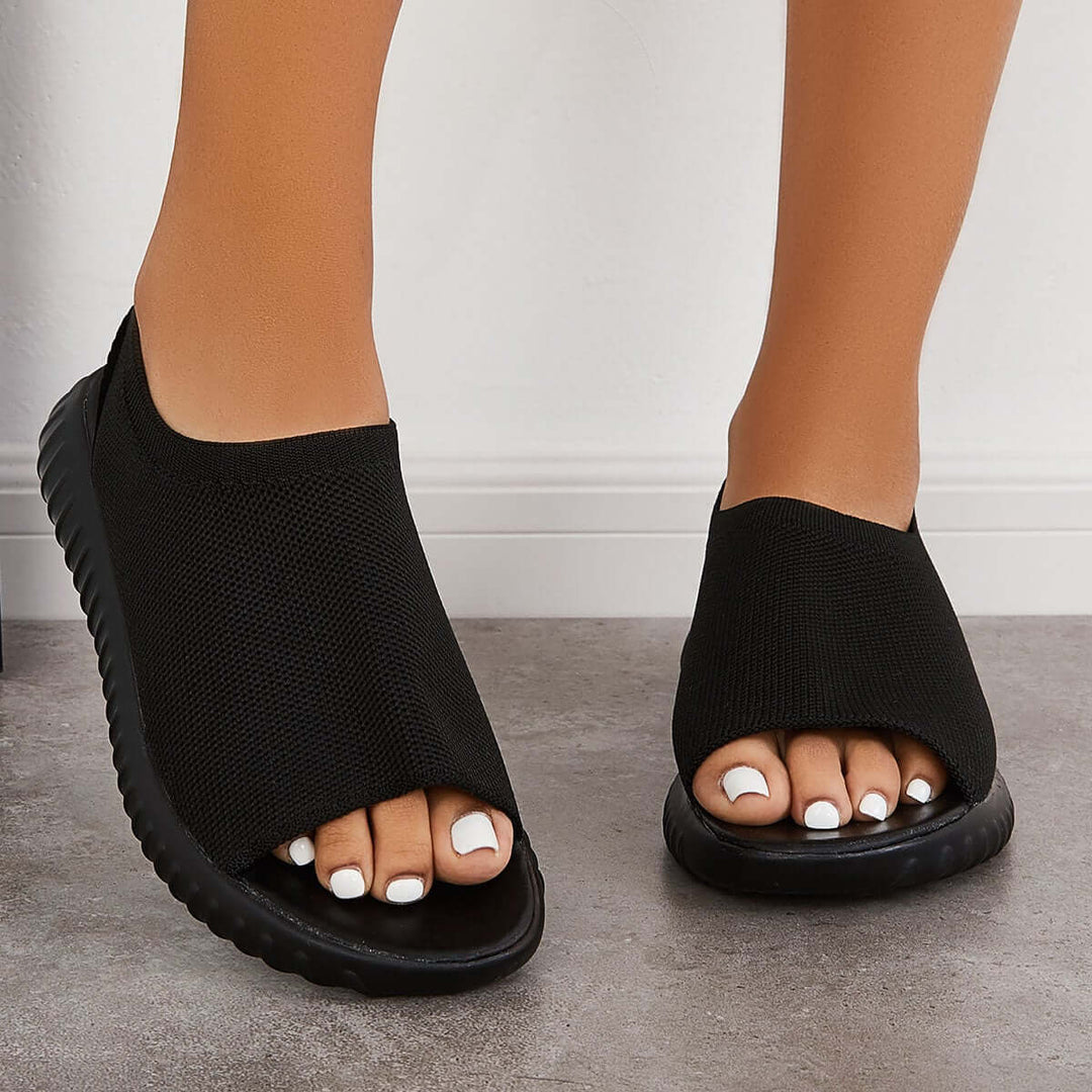 Black Peep Toe Slingback Mesh Knit Sport Sandals