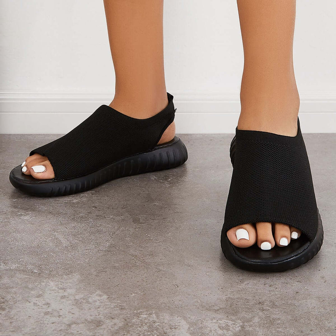 Black Peep Toe Slingback Mesh Knit Sport Sandals
