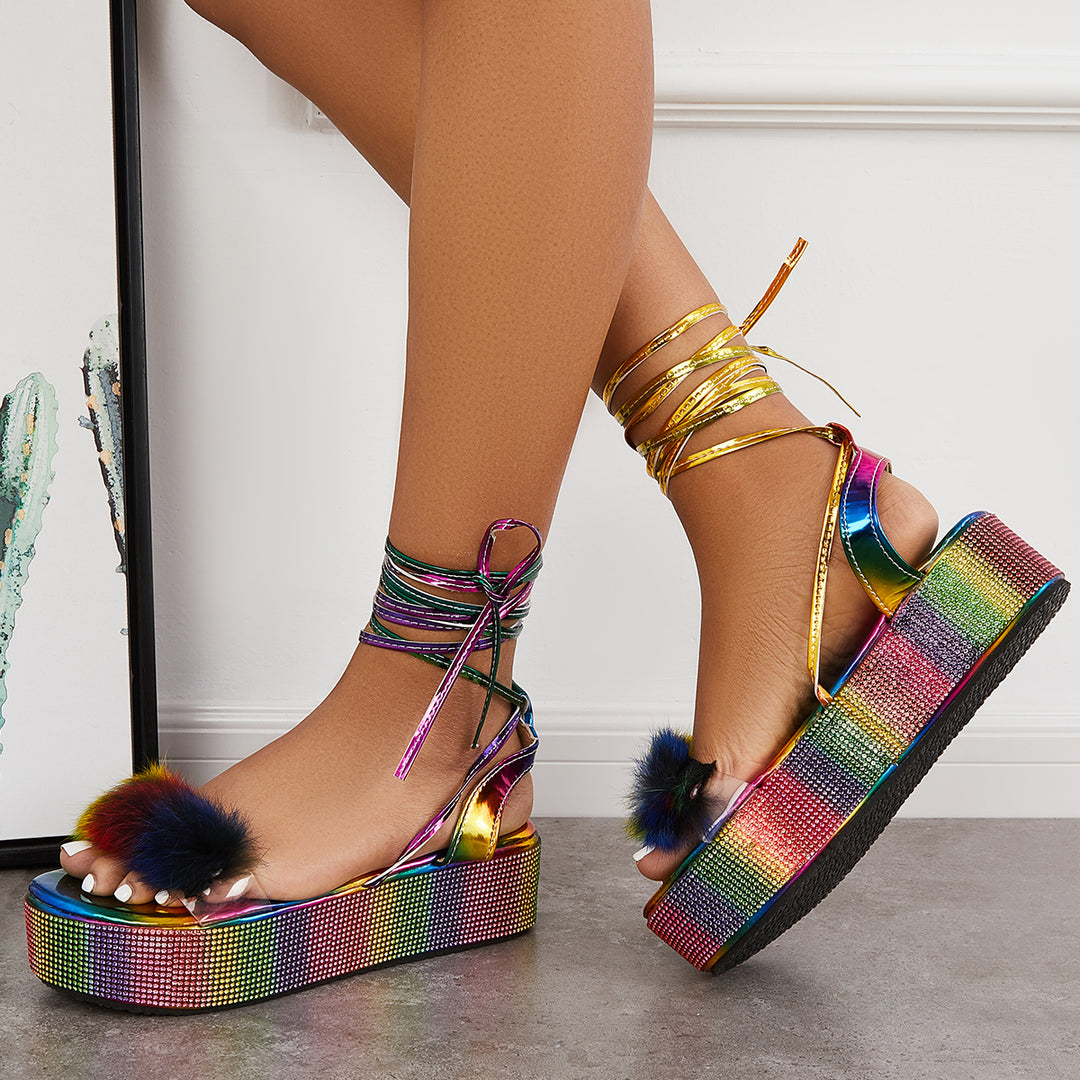 Glitter Open Toe Lace Up Platform Heel Ankle Strap Sandals