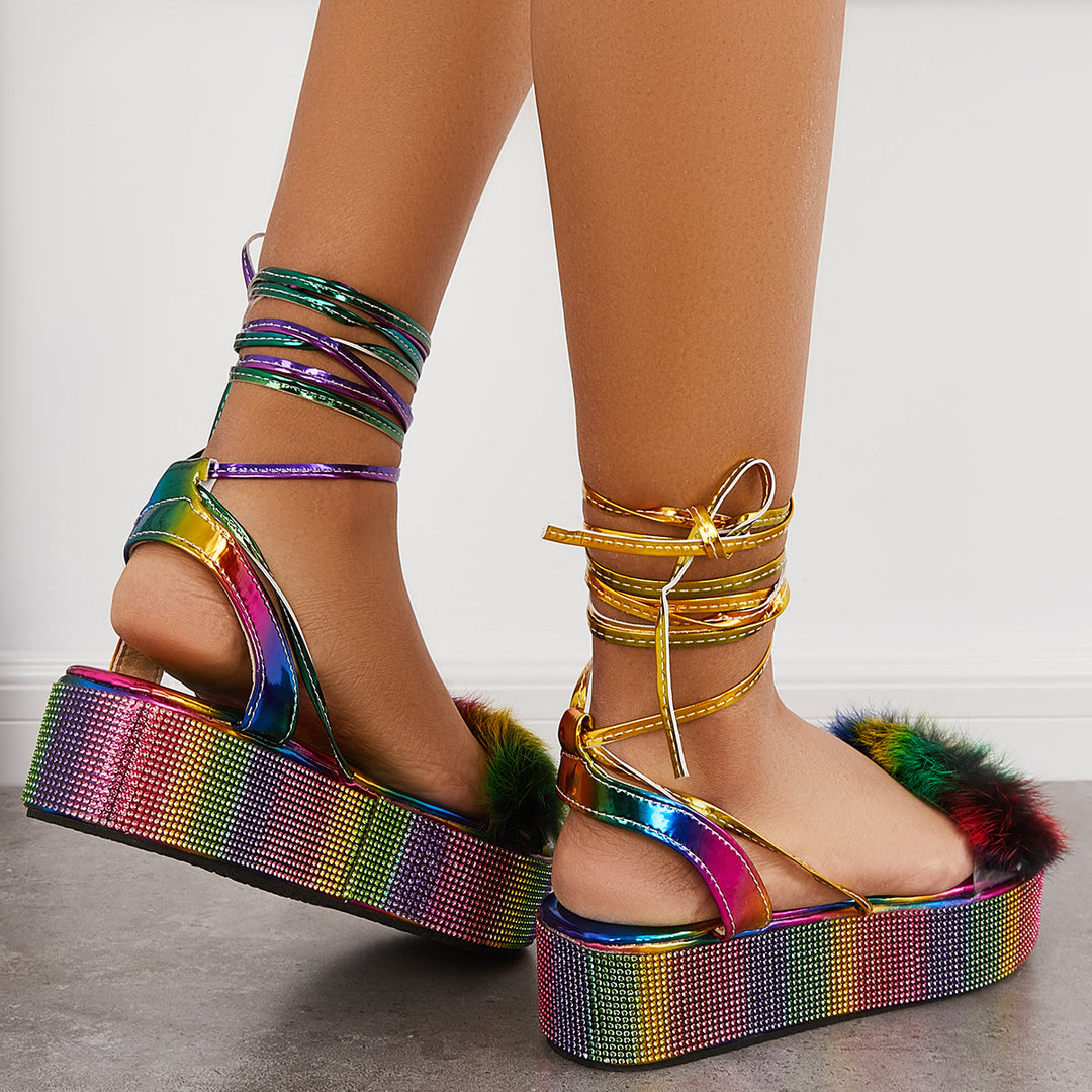 Glitter Open Toe Lace Up Platform Heel Ankle Strap Sandals