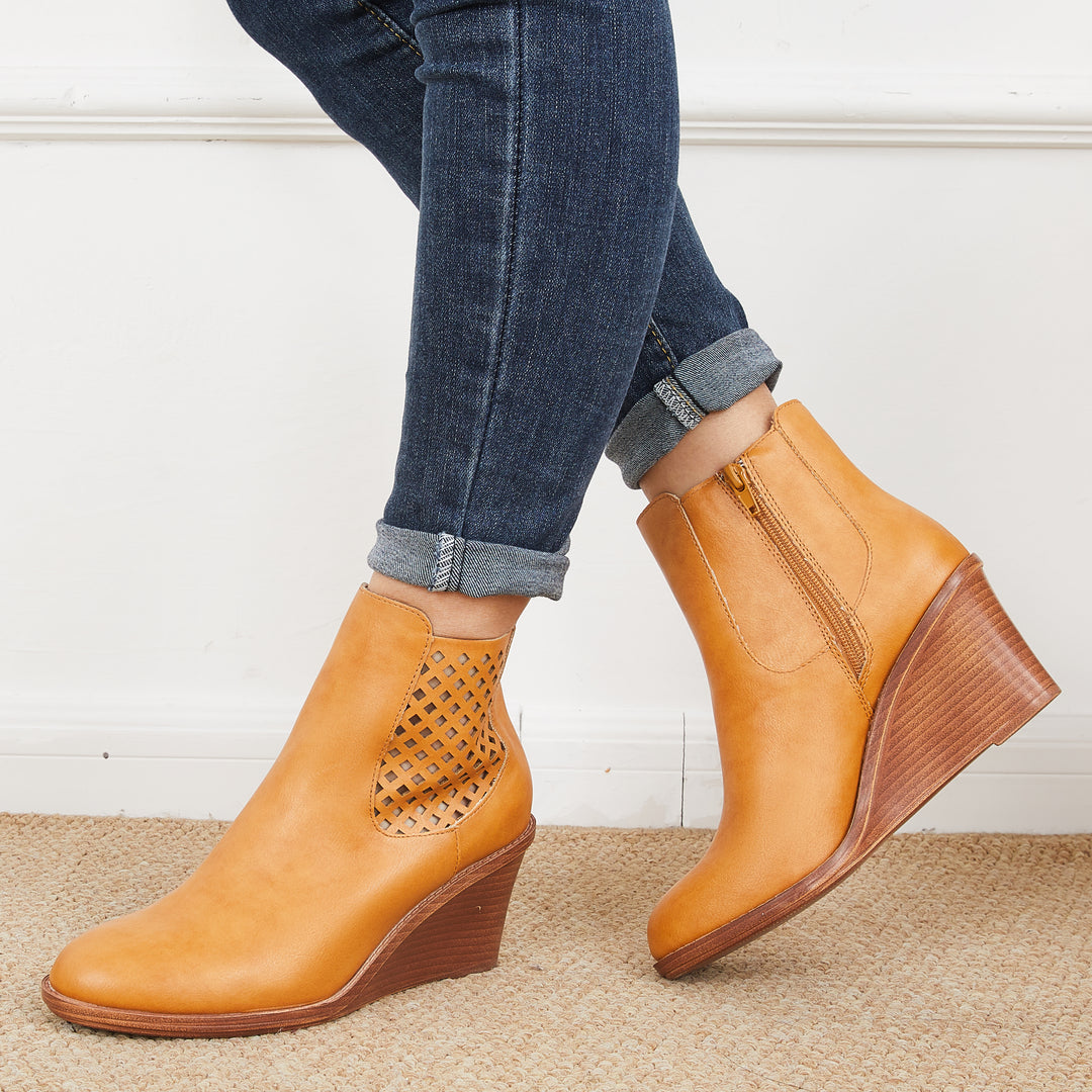 Hollow Ankle Boots Closed Toe Stacked Wedge Heel Booties