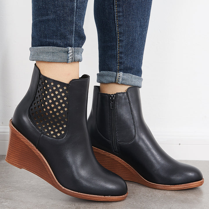 Hollow Ankle Boots Closed Toe Stacked Wedge Heel Booties