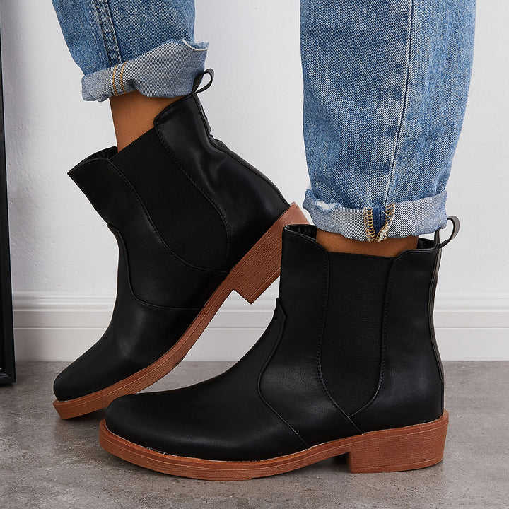 Round Toe Low Heel Chelsea Booties Slip on Ankle Boots