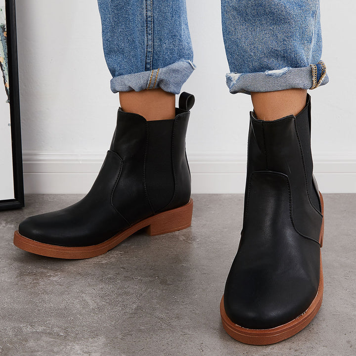 Round Toe Low Heel Chelsea Booties Slip on Ankle Boots