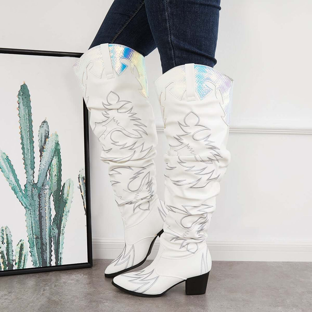 Over The Knee Embroidered Western Cowboy Boots Slouch Riding Boots