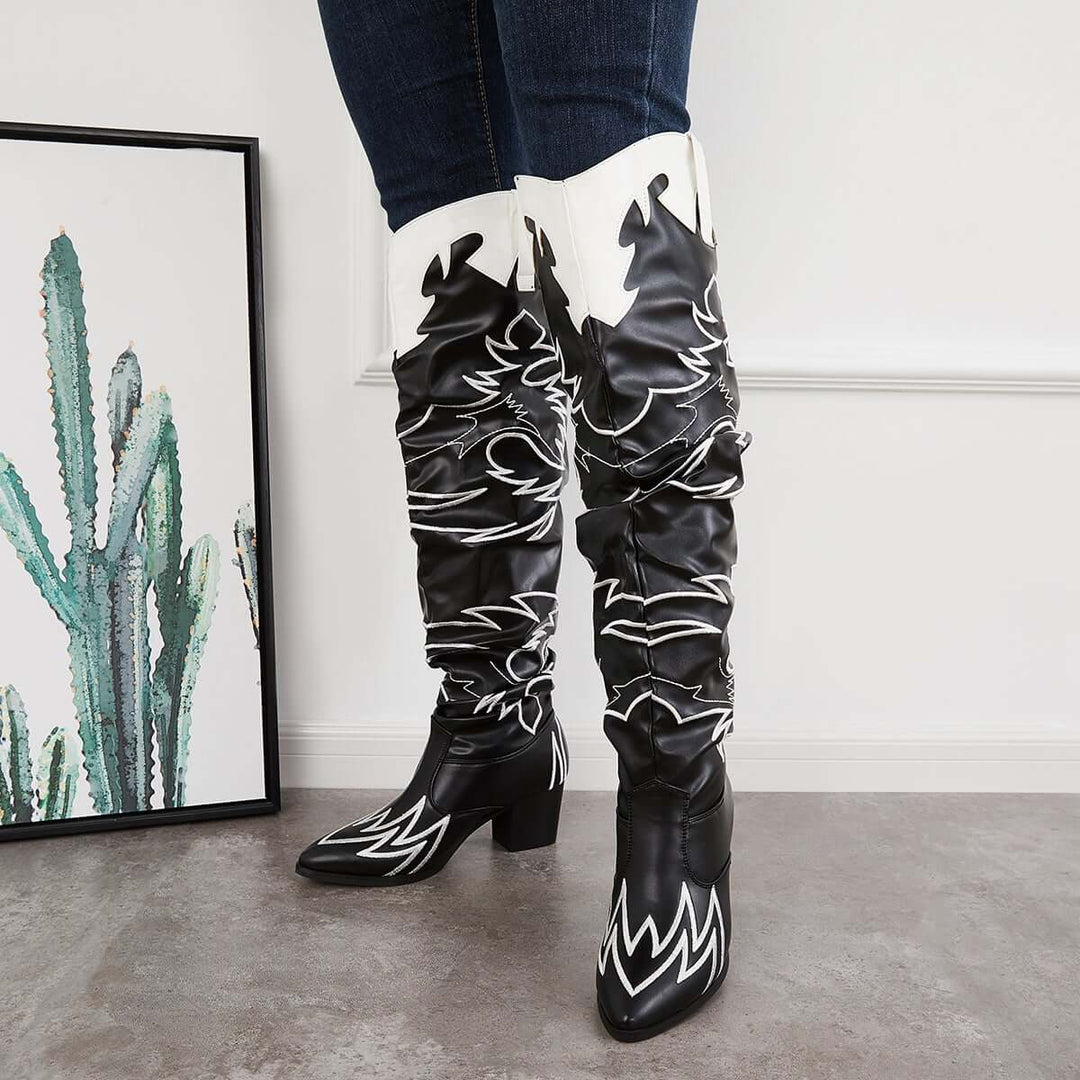 Over The Knee Embroidered Western Cowboy Boots Slouch Riding Boots