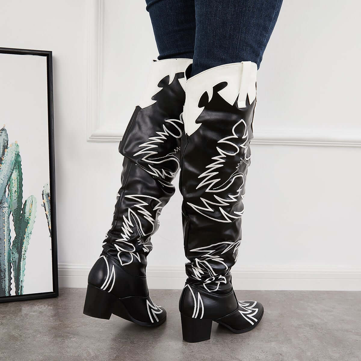 Over The Knee Embroidered Western Cowboy Boots Slouch Riding Boots ...