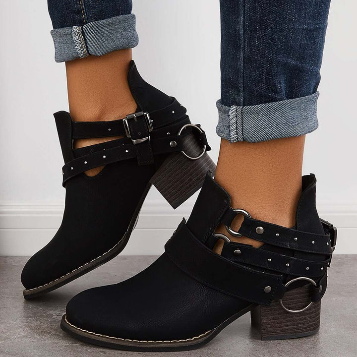 Cut Out Chunky Heel Booties Western Cowboy Ankle Boots