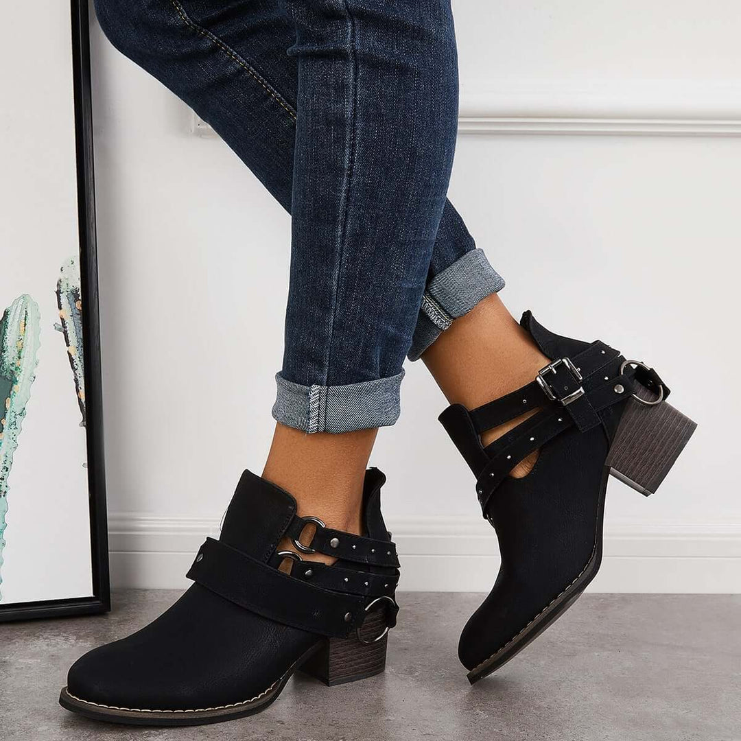 Cut Out Chunky Heel Booties Western Cowboy Ankle Boots