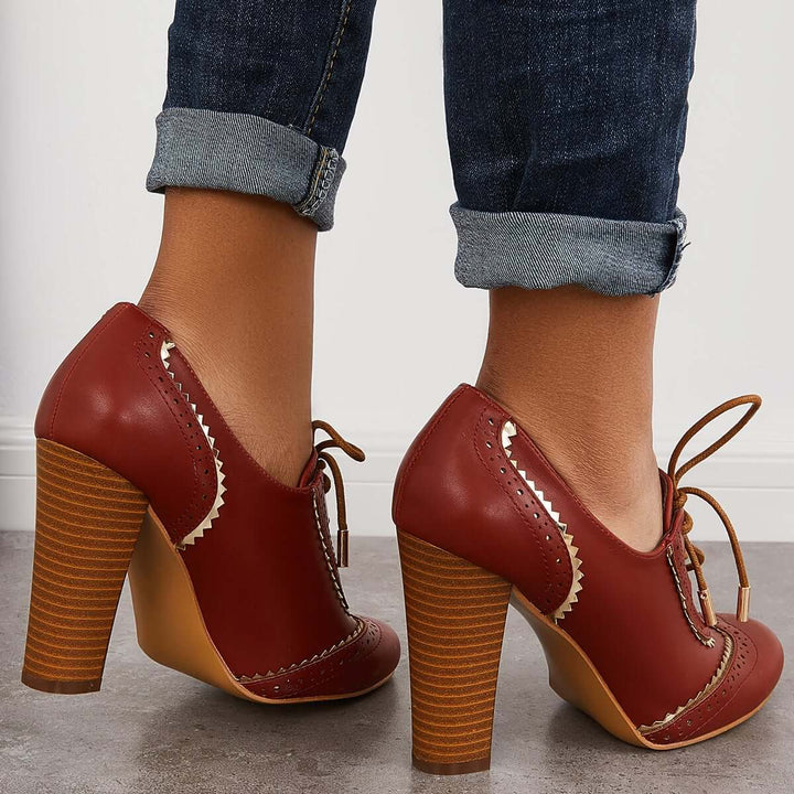 Brown Lace up Oxford Pumps Chunky High Heels