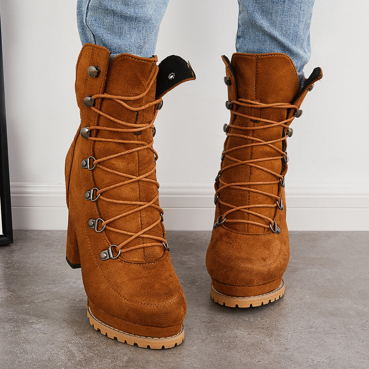 Brown Chunky Platform High Heel Booties Lace Up Ankle Boots