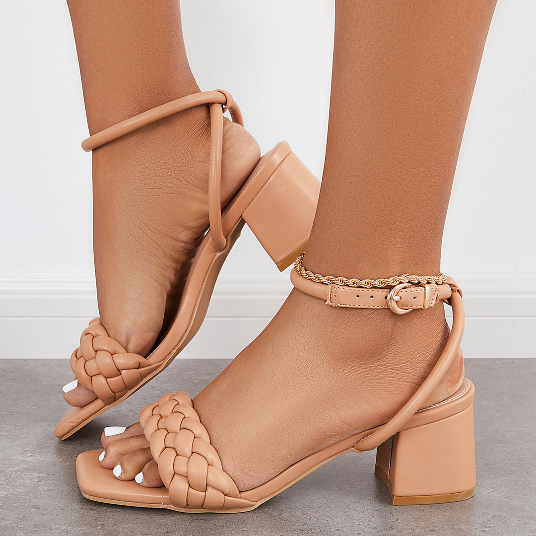 Square Toe Braided Chunky Block Heel Ankle Strap Sandals