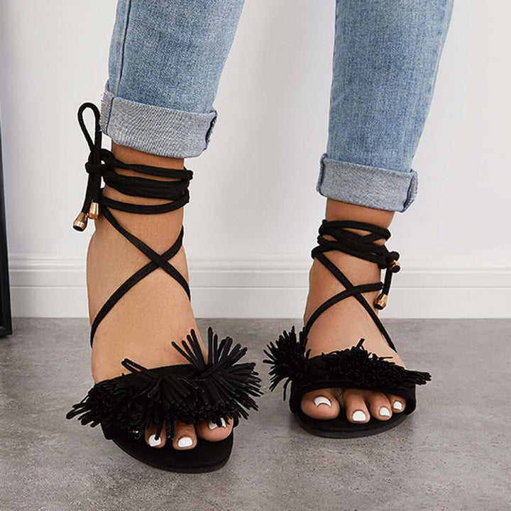Open Toe Tassel Flat Sandals Lace Up Strappy Sandals