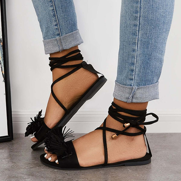Open Toe Tassel Flat Sandals Lace Up Strappy Sandals
