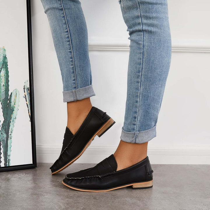 Faux Leather Slip on Loafers Round Toe Flat Shoes