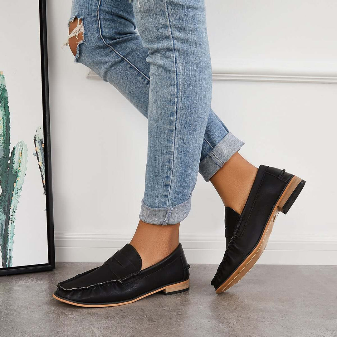Faux Leather Slip on Loafers Round Toe Flat Shoes