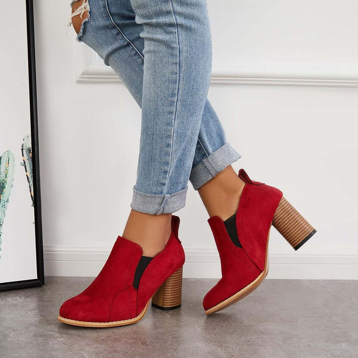 Chunky Block Heel Ankle Boots Slip on Short Booties