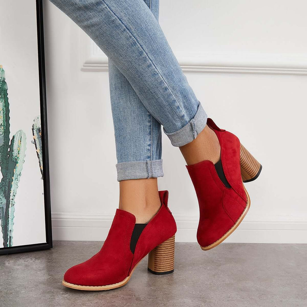 Chunky Block Heel Ankle Boots Slip on Short Booties