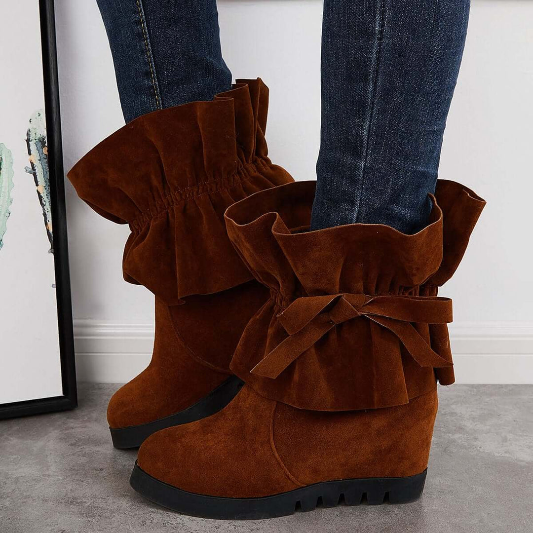 Ruffle Mid Calf Hidden Wedge Booties Lace Up Ankle Boots