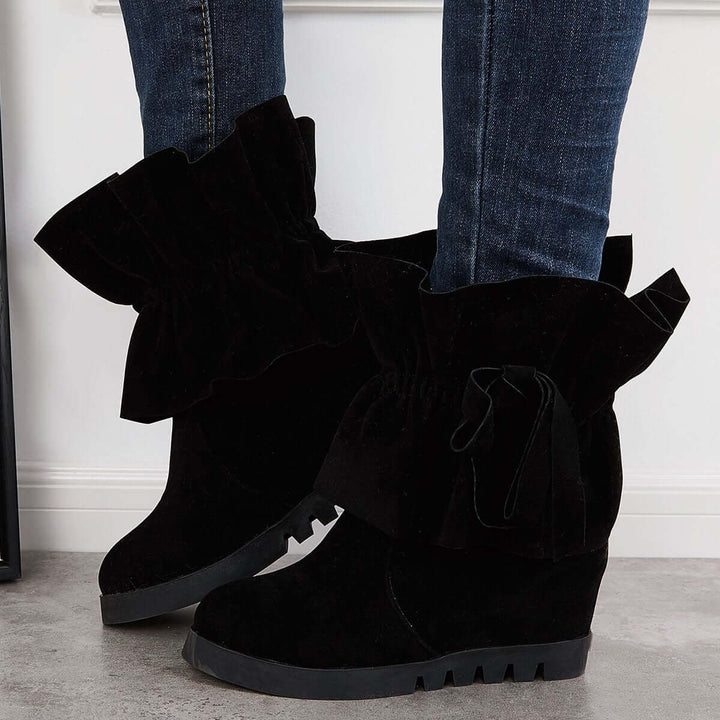 Ruffle Mid Calf Hidden Wedge Booties Lace Up Ankle Boots