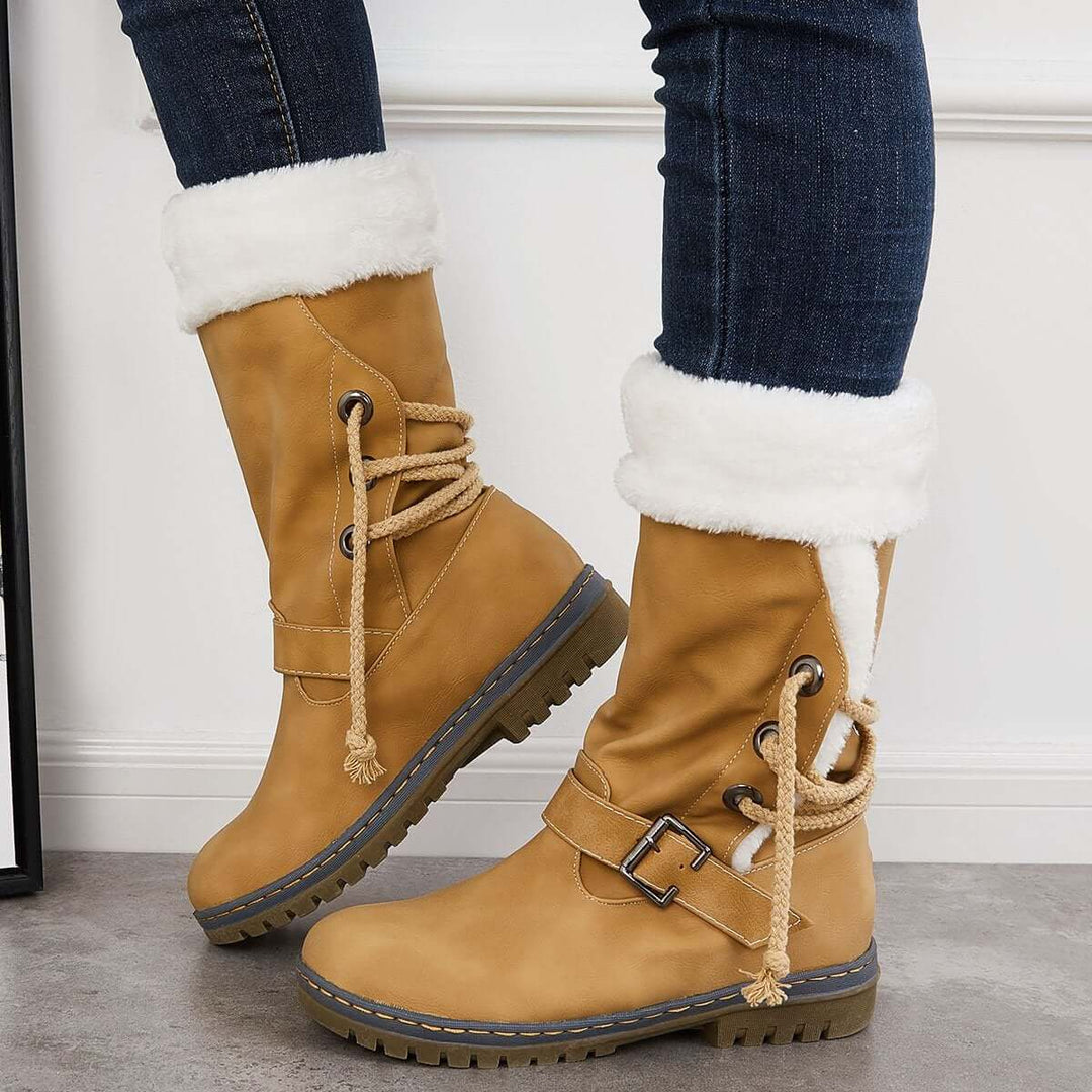Mid Calf Winter Pull on Booties Mid Knee High Snow Boots