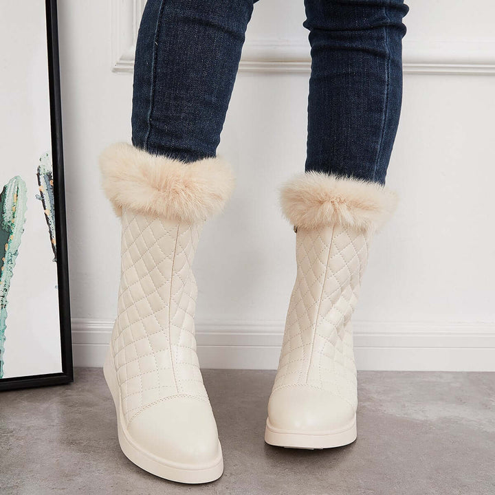 Warm Faux Fur Mid Calf Snow Boots Side Zipper Winer Boots