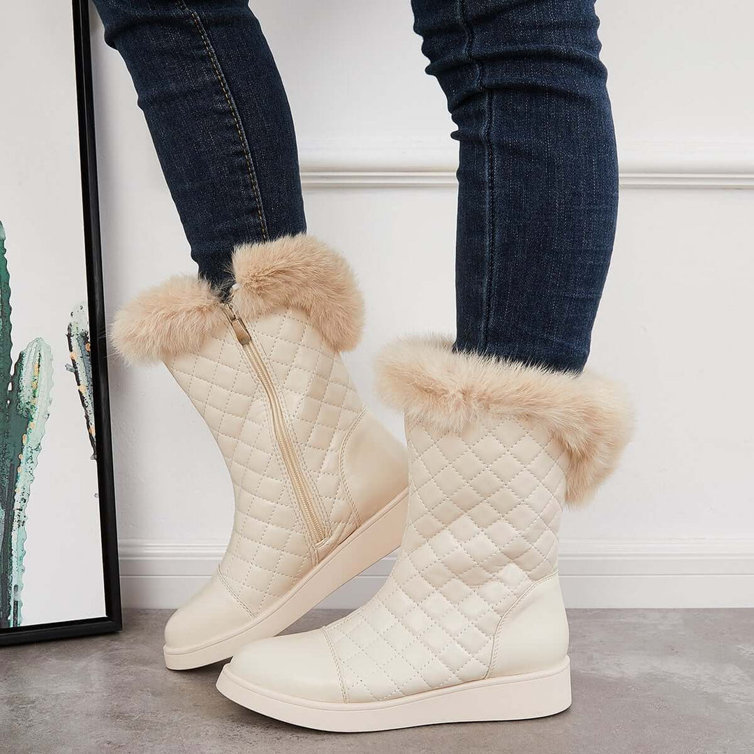 Warm Faux Fur Mid Calf Snow Boots Side Zipper Winer Boots