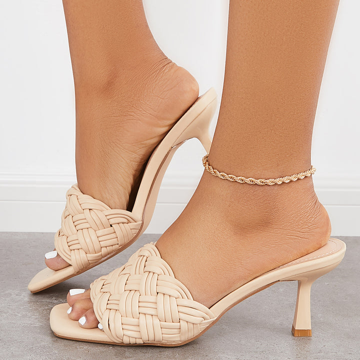 Square Toe Braided Kitten Heel Sandals Woven Heeled Mules