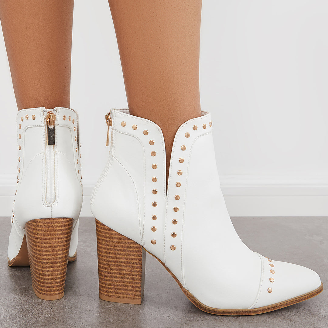 Stud Cowboy Western Booties Cutout Block Chunky Heel Ankle Boots