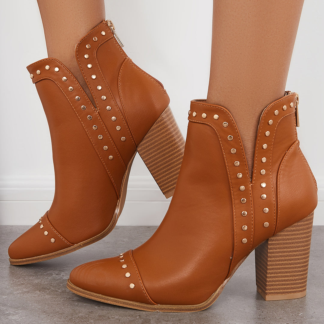 Stud Cowboy Western Booties Cutout Block Chunky Heel Ankle Boots