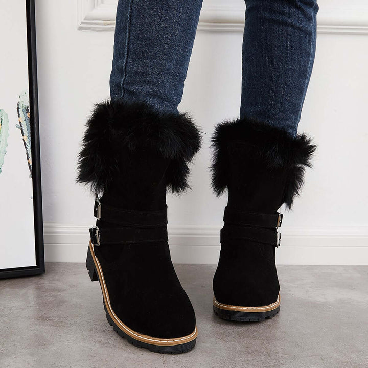 Warm Fur Mid Calf Snow Boots Block Heel Furry Winter Booties