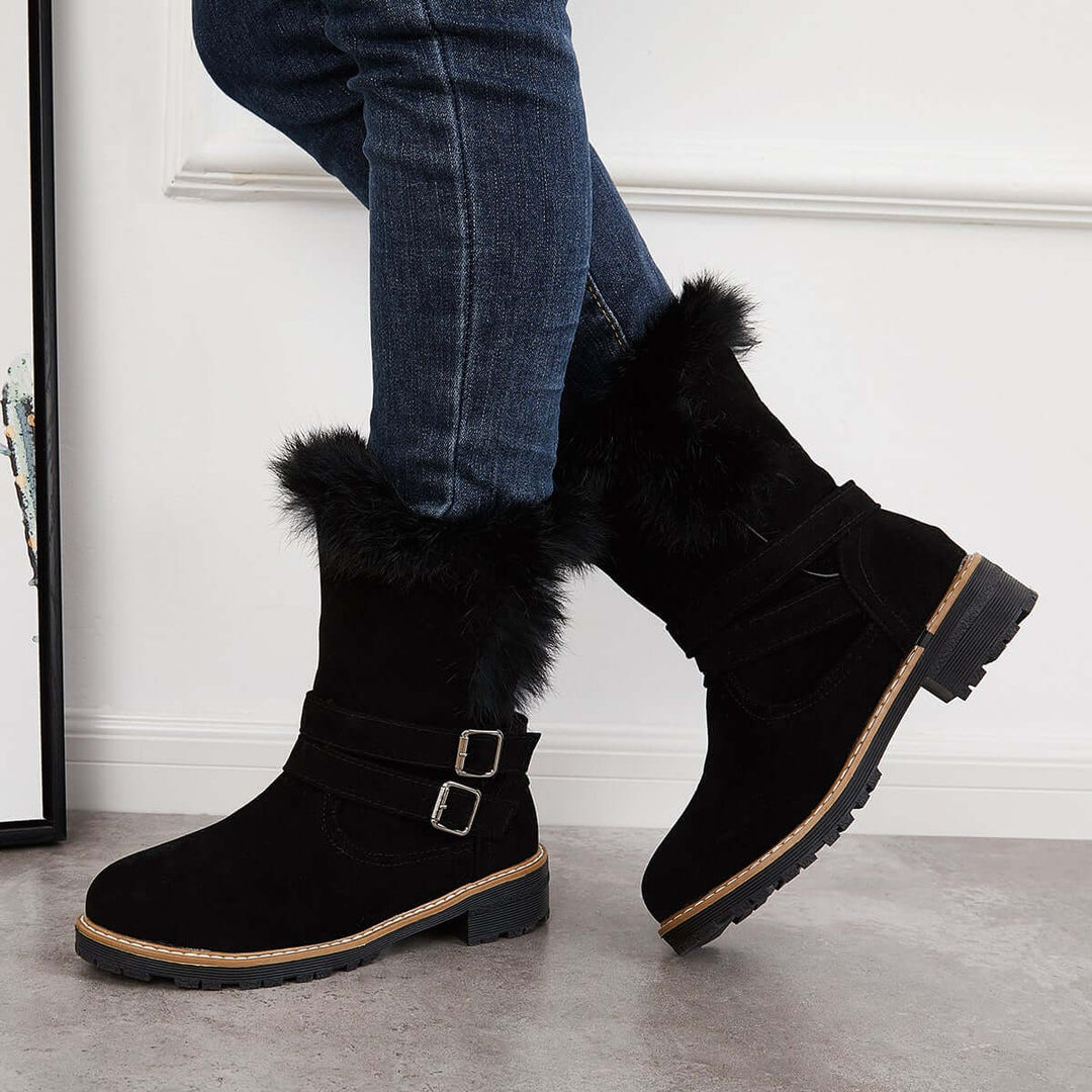 Warm Fur Mid Calf Snow Boots Block Heel Furry Winter Booties