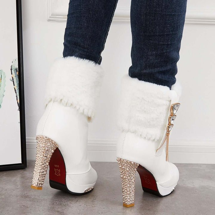 Rhinestone Faux Fur Lined Ankle Boots Chunky High Heel Booties