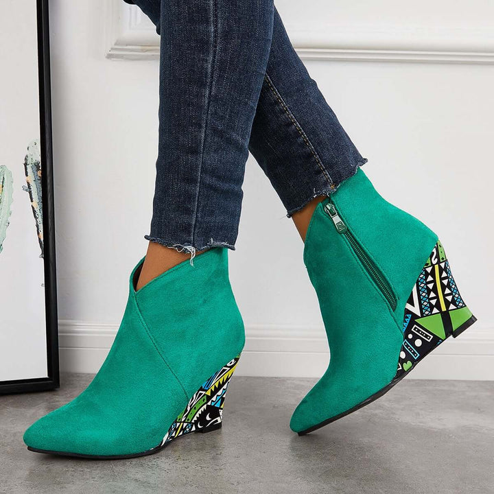 Suede Wedge High Heeled Ankle Boots Pointed Toe Dress Booties