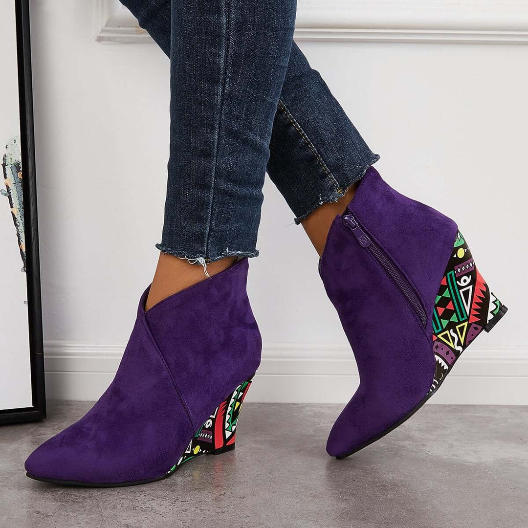 Suede Wedge High Heeled Ankle Boots Pointed Toe Dress Booties