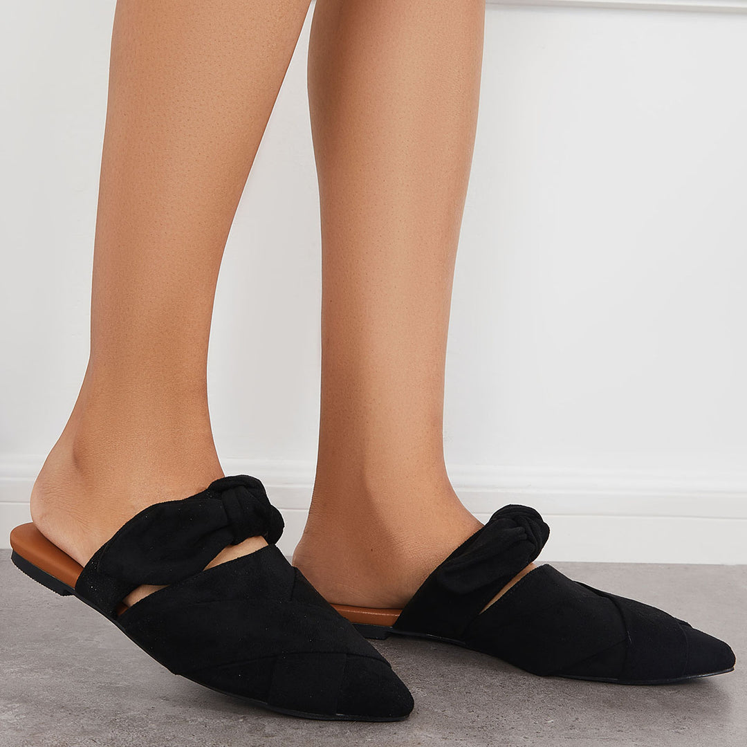 Bowknot Flat Mules Pointed Toe Slip on Backless Flat Shoes