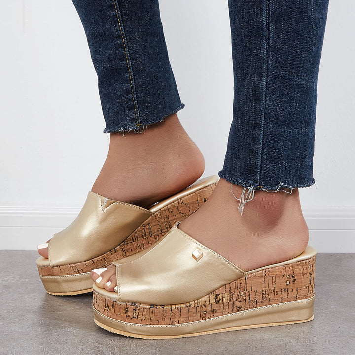 Tinstree Women Comfortable Cork Footbed Slip-on Sandals Platform Wedge Slippers Gold