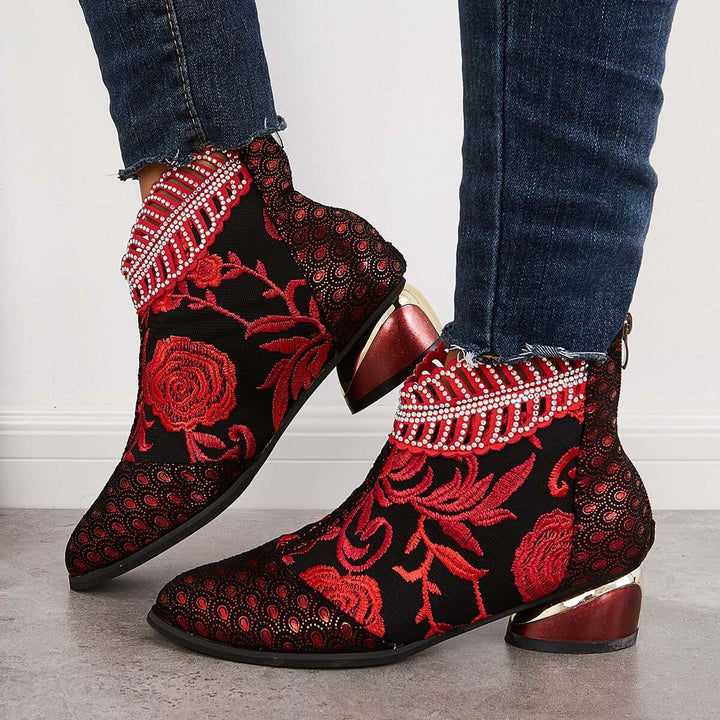 Retro Embroidered Flower Ankle Boots Block Heel Dress Booties