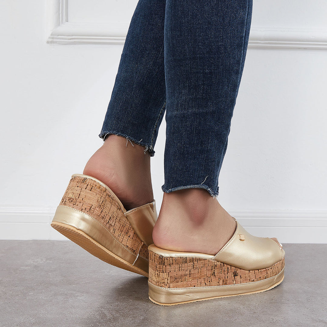Tinstree Women Comfortable Cork Footbed Slip-on Sandals Platform Wedge Slippers Gold